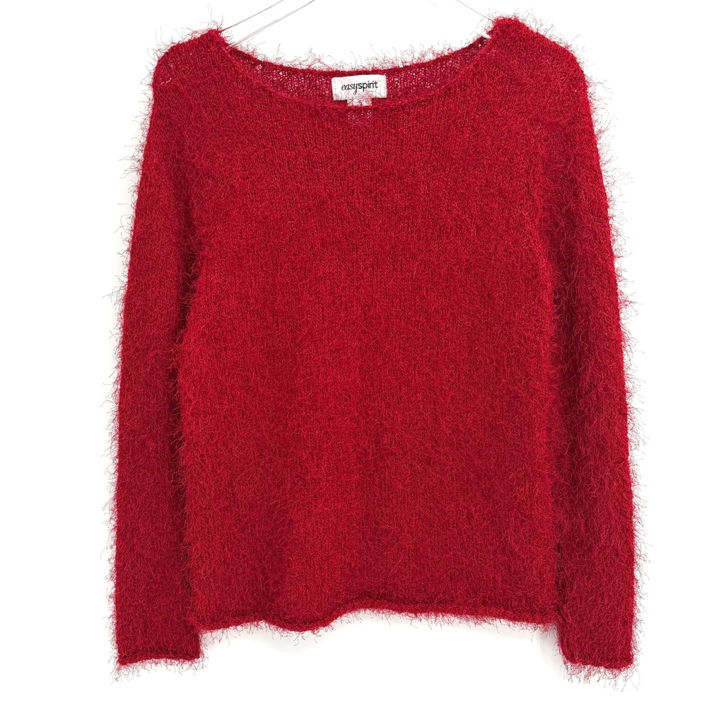 VTG Y2K Easy Spirit Red Fuzzy Eyelash Knit Sweater Size S Long Sleeve Open Knit